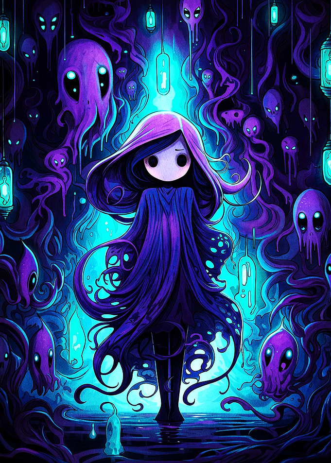 Ethereal Cloaked Figure in Dark Void