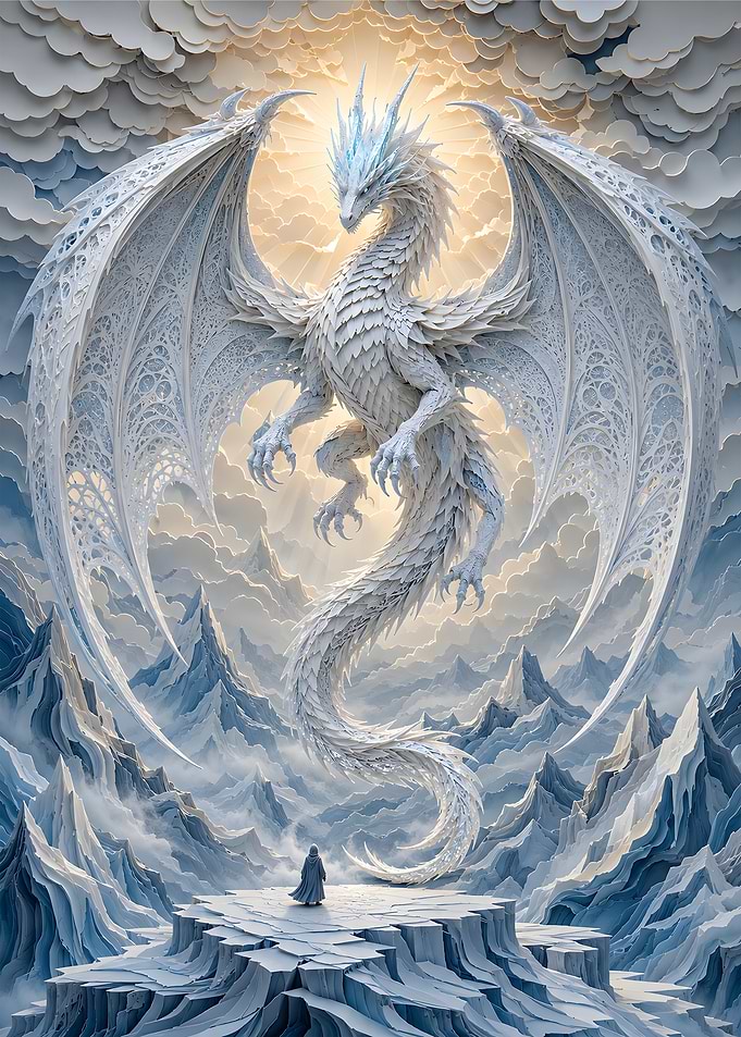 Celestial White Dragon Paper Cut Art