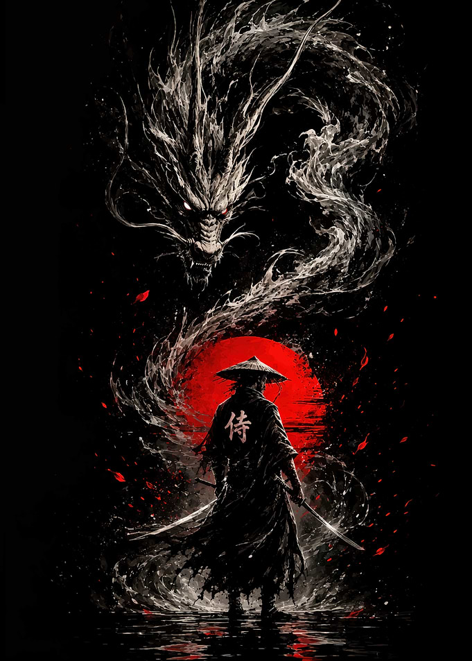 Samurai and Dragon Silhouette Art