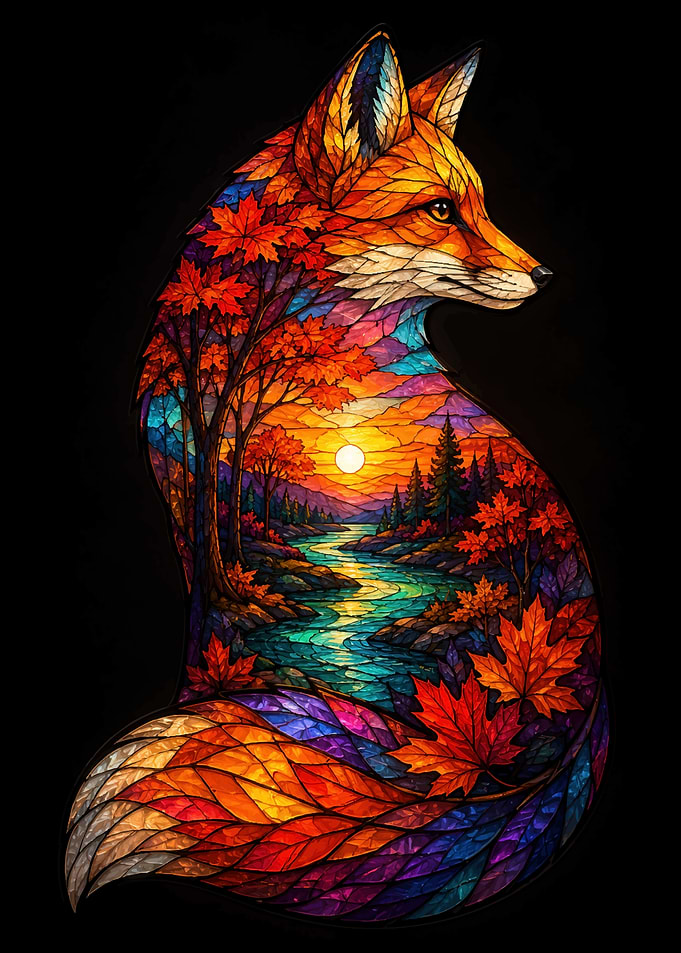 Stained Glass Fox Autumn Landscape