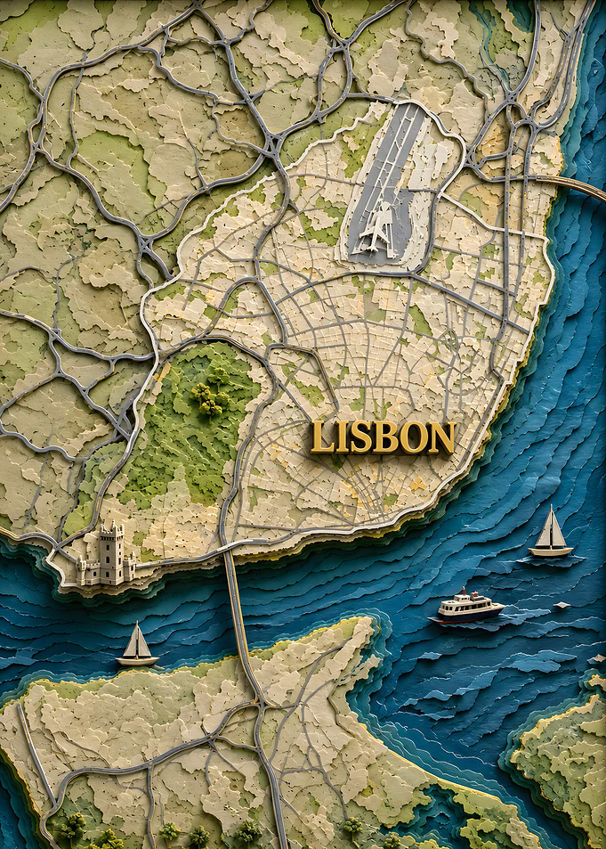 Lisbon 3D Layered Paper Cut Map