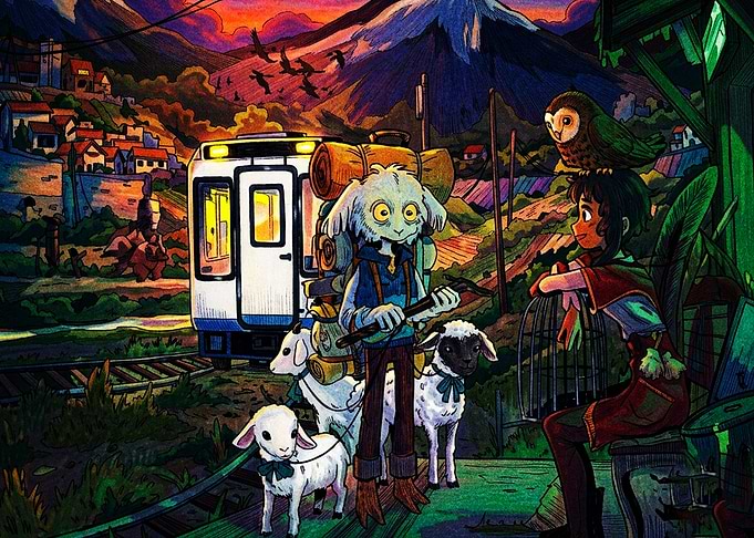 Fantasy Traveler with Sheep and Owl