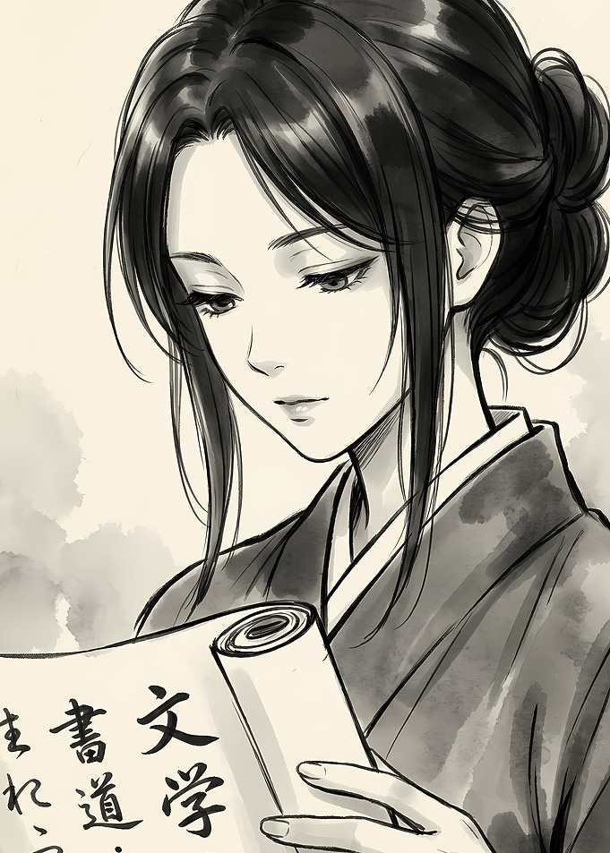 Woman Reading Traditional Japanese Scroll