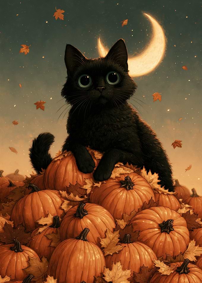 Black Cat Sitting on Pumpkins