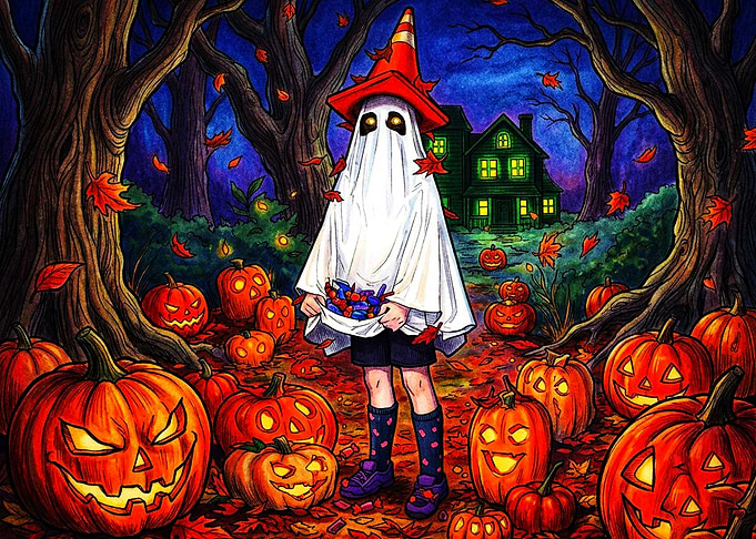 Child in Ghost Costume with Pumpkins