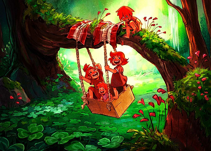 Children Playing on Forest Swing