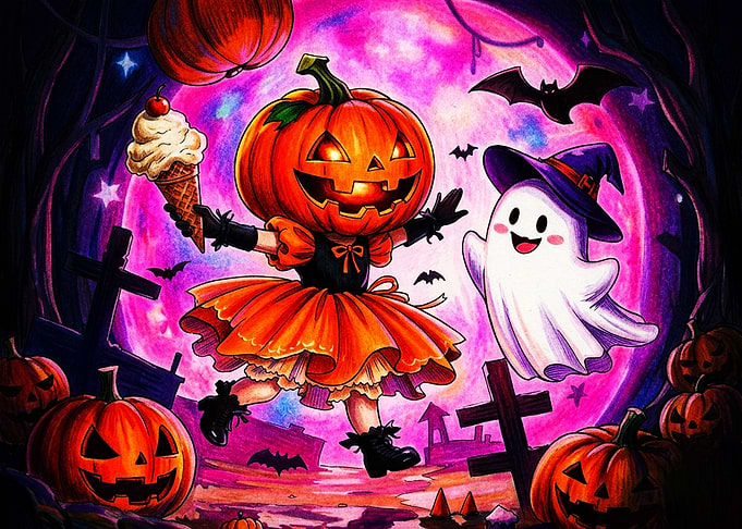 Cute Halloween Pumpkin Girl and Ghost