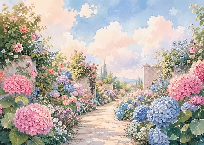 Watercolor Garden Path with Hydrangeas