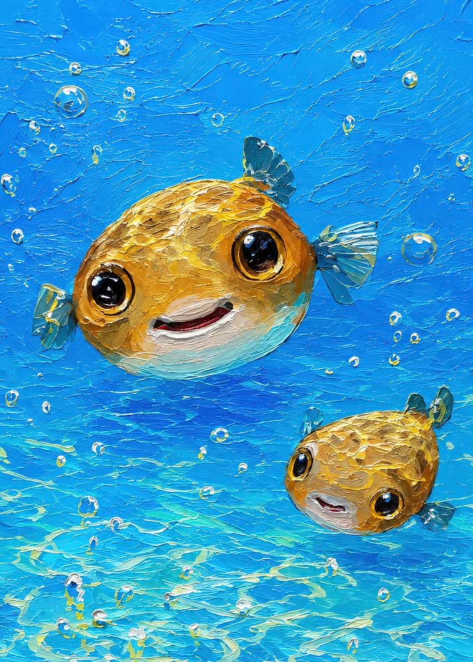 Two Cute Pufferfish Swimming Underwater