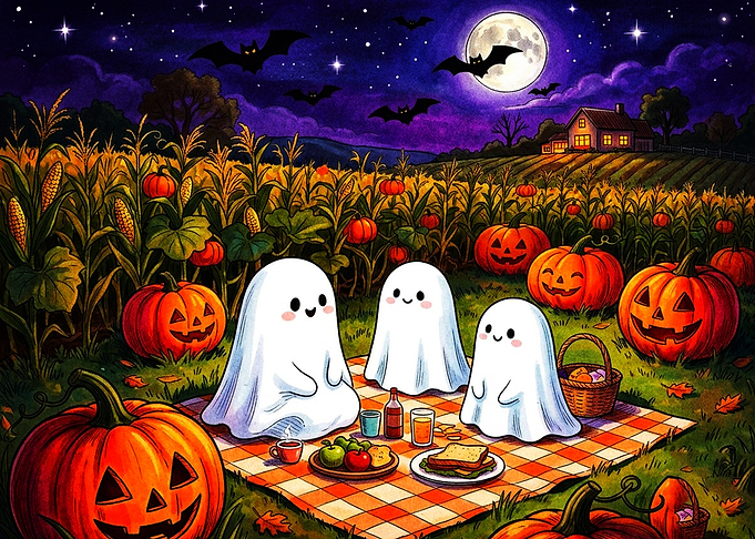 Cute Ghosts Having a Halloween Picnic