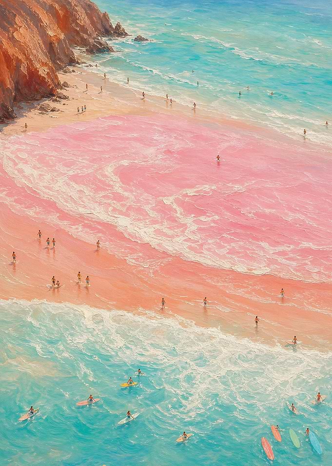 Pink Coastal Surfing Beach Wave Painting