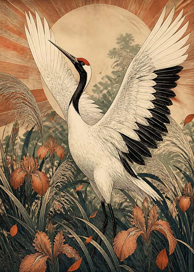 Red-Crowned Crane in Japanese Art Style