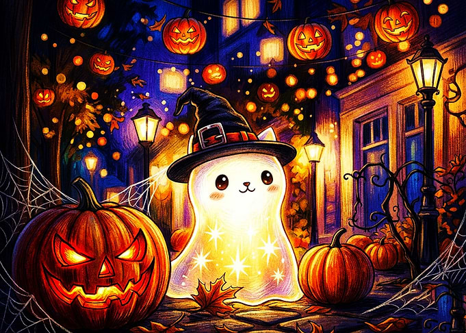 Cute Ghost Wearing Witch Hat