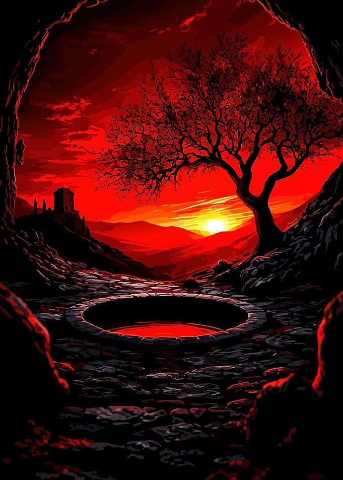 Red Sunset Over Stone Well