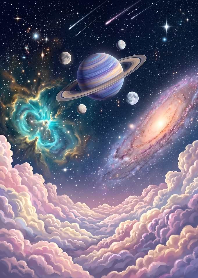 Celestial Dreamscape with Saturn and Nebula