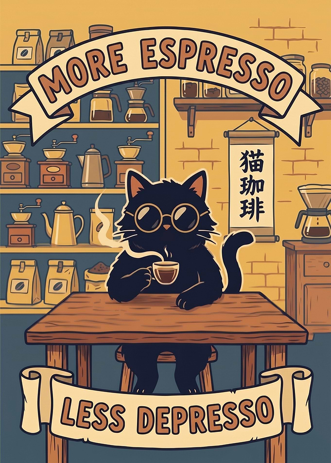 Black Cat Drinking Espresso Poster