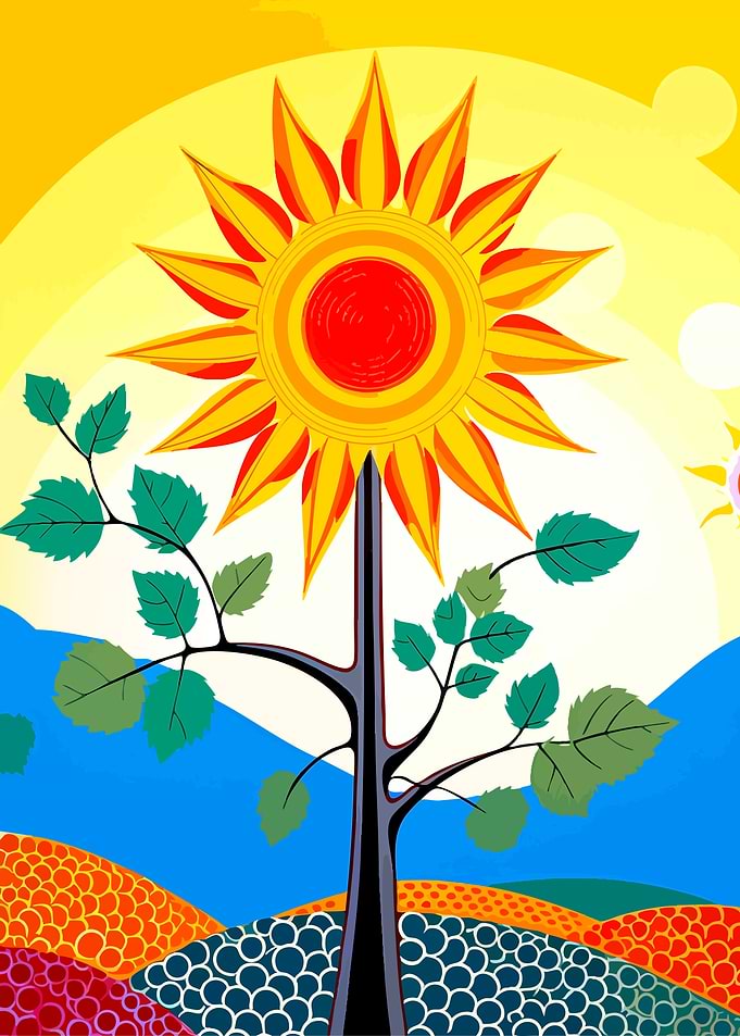 Stylized Sun Flower Landscape Illustration