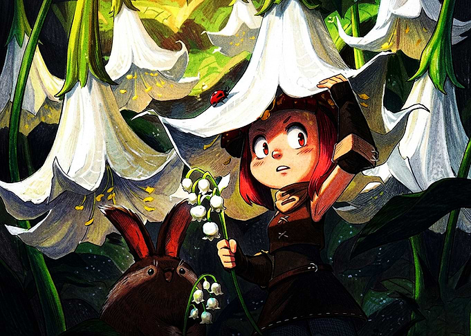 Girl and Rabbit in Flower Garden