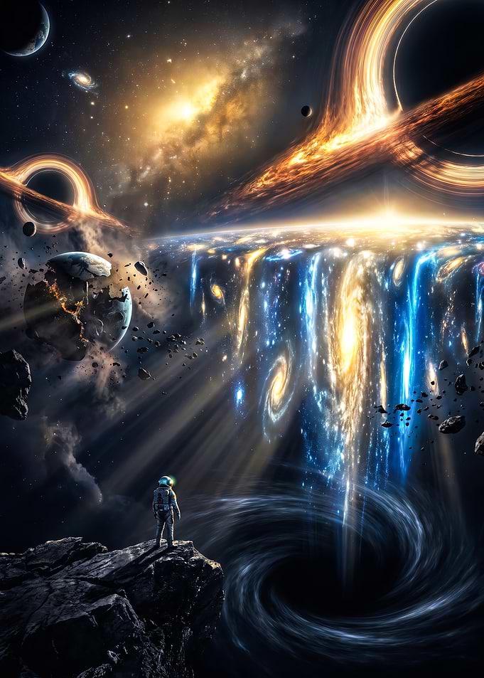 Astronaut Observing a Cosmic Waterfall