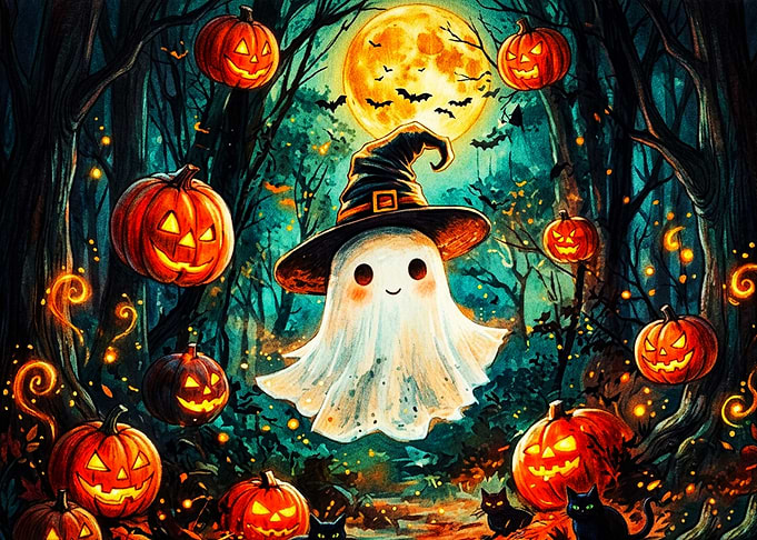 Cute Ghost in Witch Hat