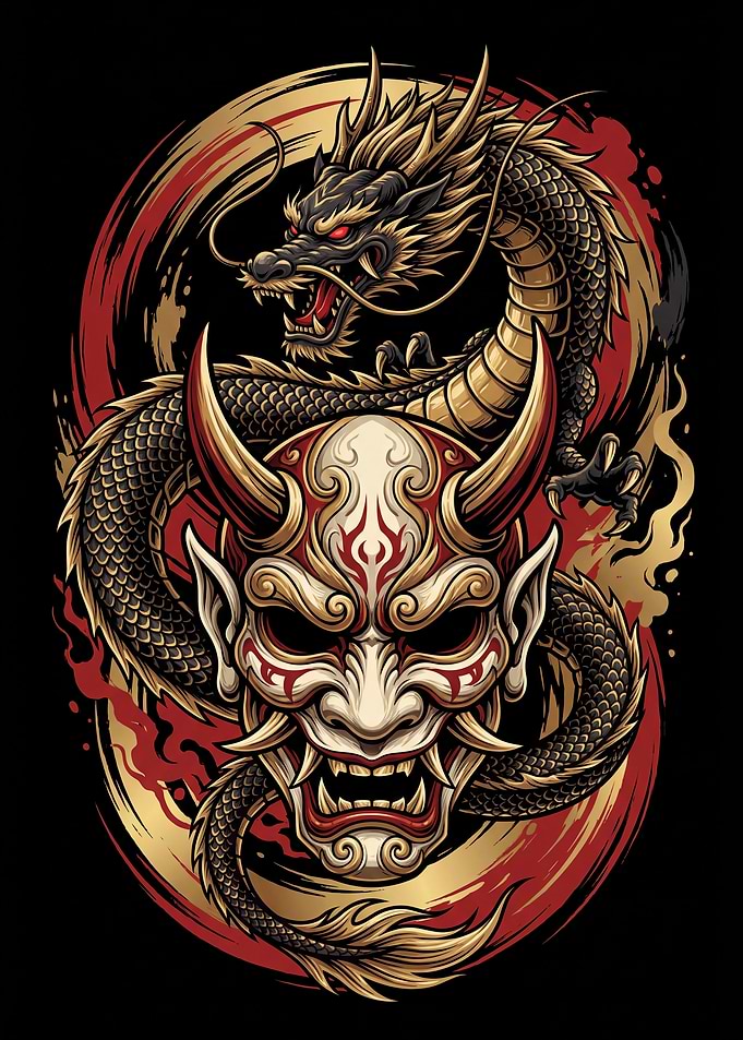 Japanese Dragon and Oni Mask Illustration