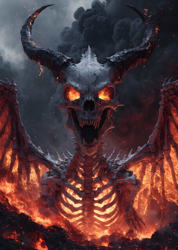 Infernal Demon Skeleton Rising from Molten Flames