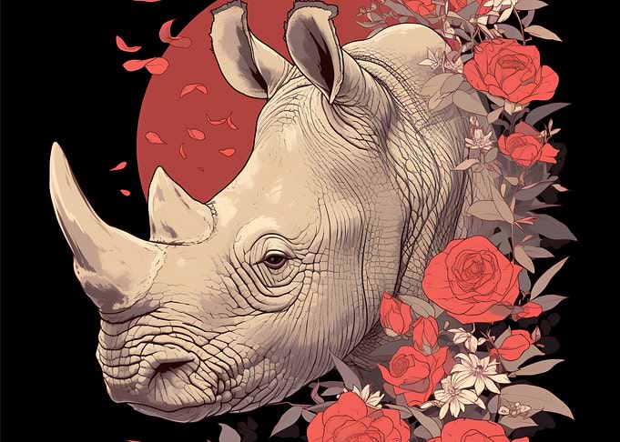Rhino Portrait with Red Roses