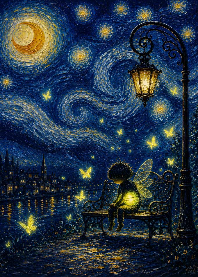 Fairy Sitting on Bench Under Stars