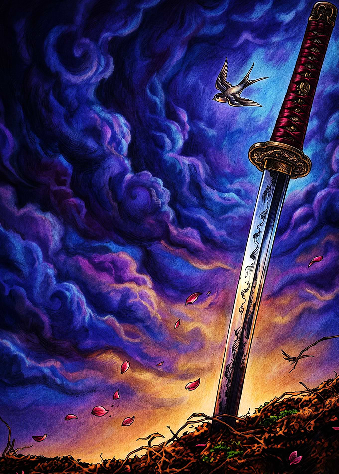 Katana Sword in Stormy Landscape