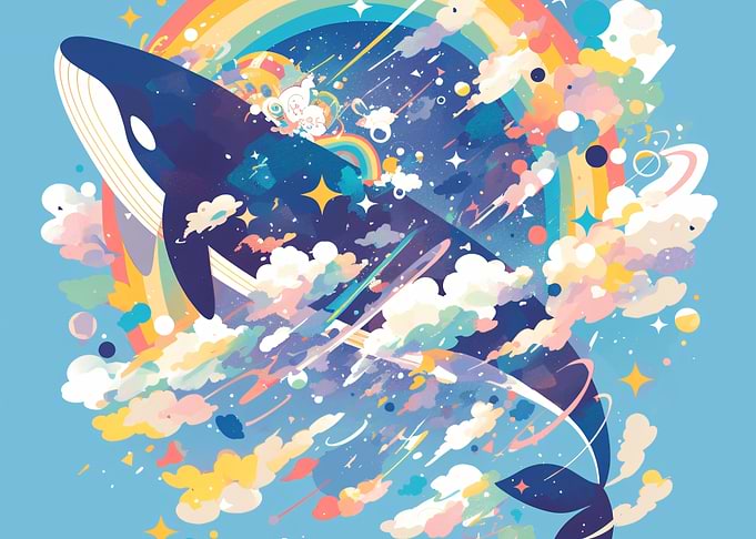 Whimsical Whale in Pastel Sky