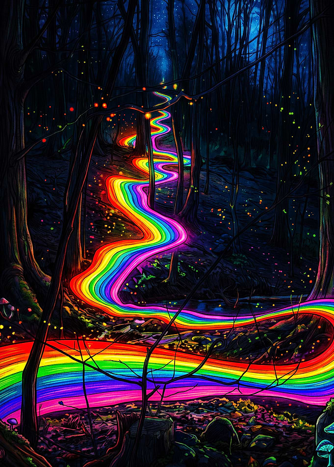 Glowing Rainbow Path in Enchanted Forest