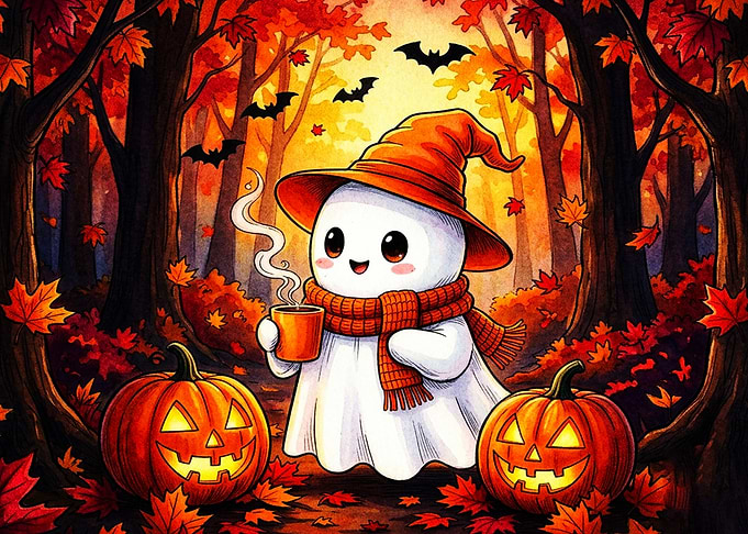 Cute Ghost with Pumpkin and Coffee