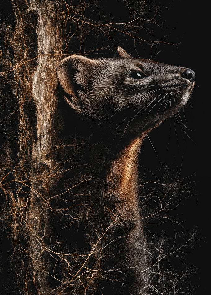 Marten Climbing Tree Trunk On Black Background