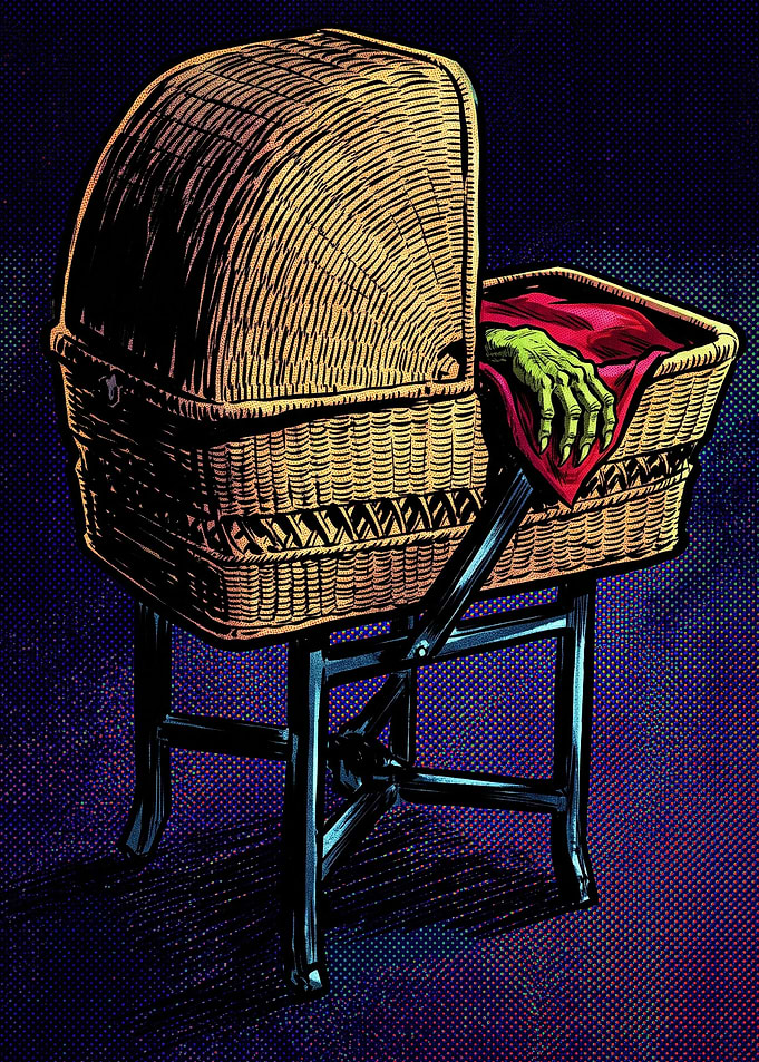 Creepy Monster Hand in Wicker Bassinet