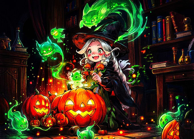 Cute Witch Summoning Halloween Spirits