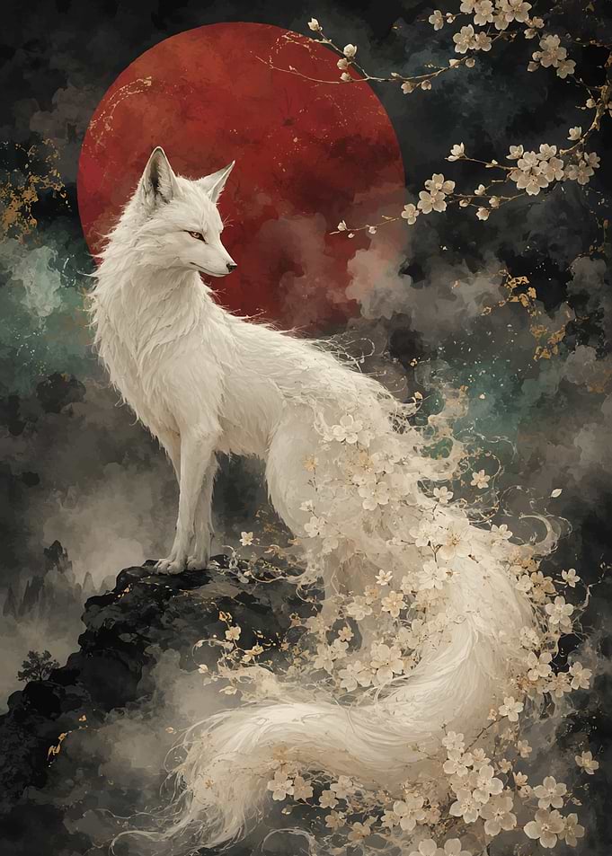 White Fox with Cherry Blossoms