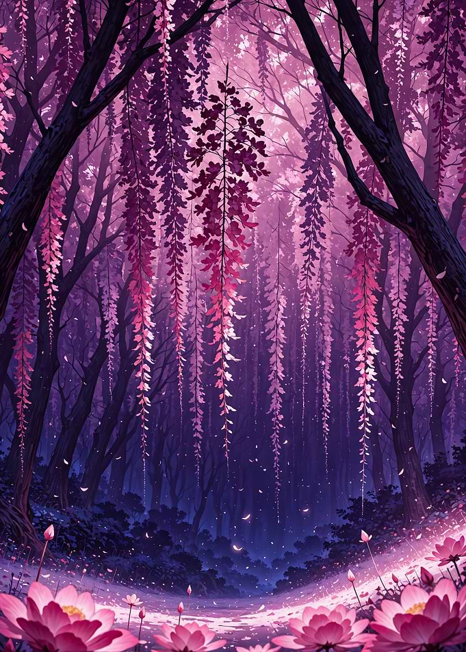 Enchanted Wisteria Forest with Lotus Flowers