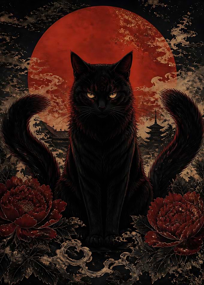 Mystical Black Cat with Red Moon