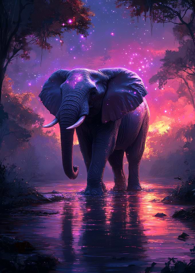 Majestic Elephant in Neon Forest