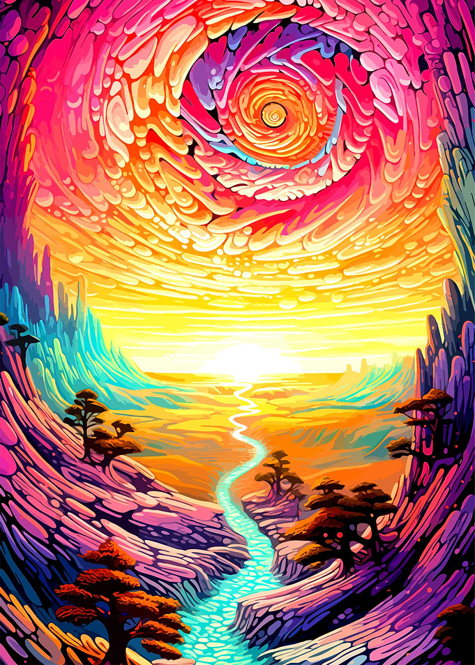 Vibrant Psychedelic Landscape with River