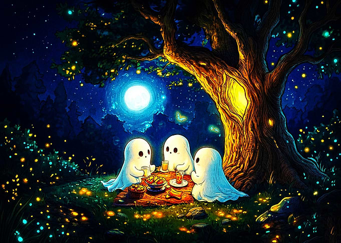 Cute Ghosts Having a Night Picnic