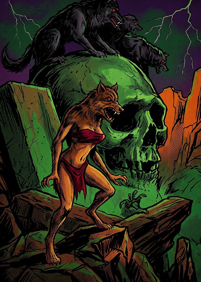Werewolf Woman and Wolves with Skull