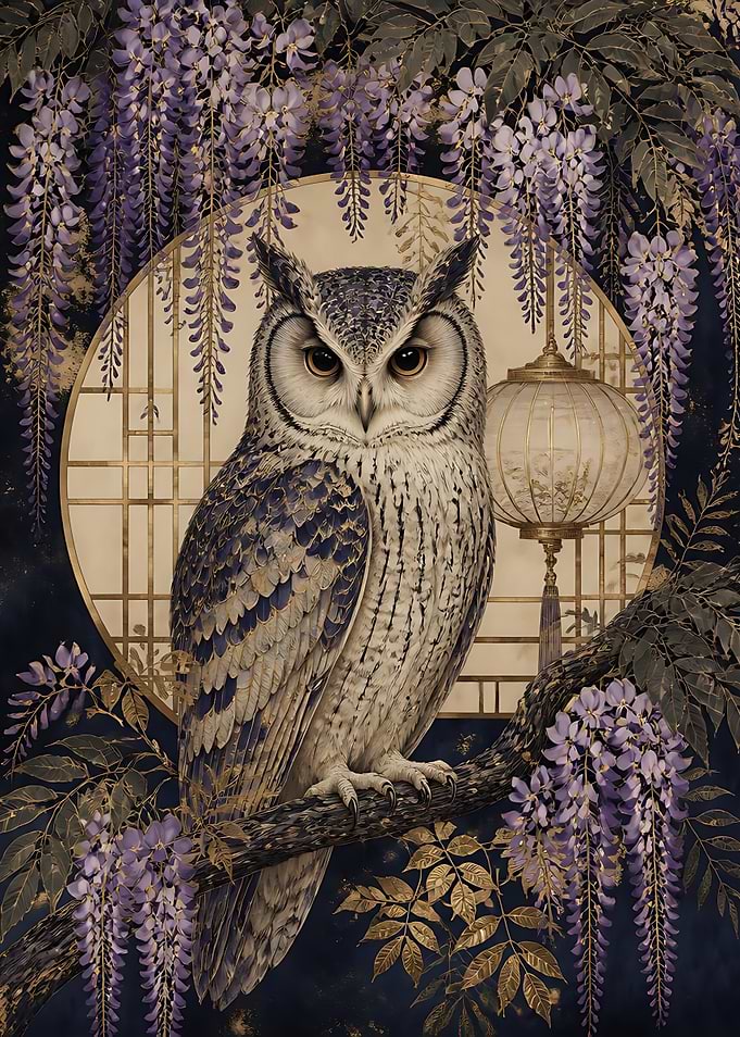 Owl Perched Amidst Wisteria Flowers