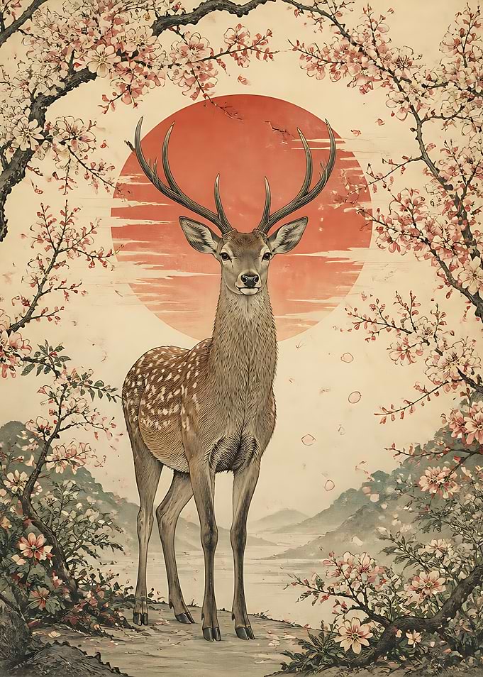 Majestic Deer in Cherry Blossom Forest