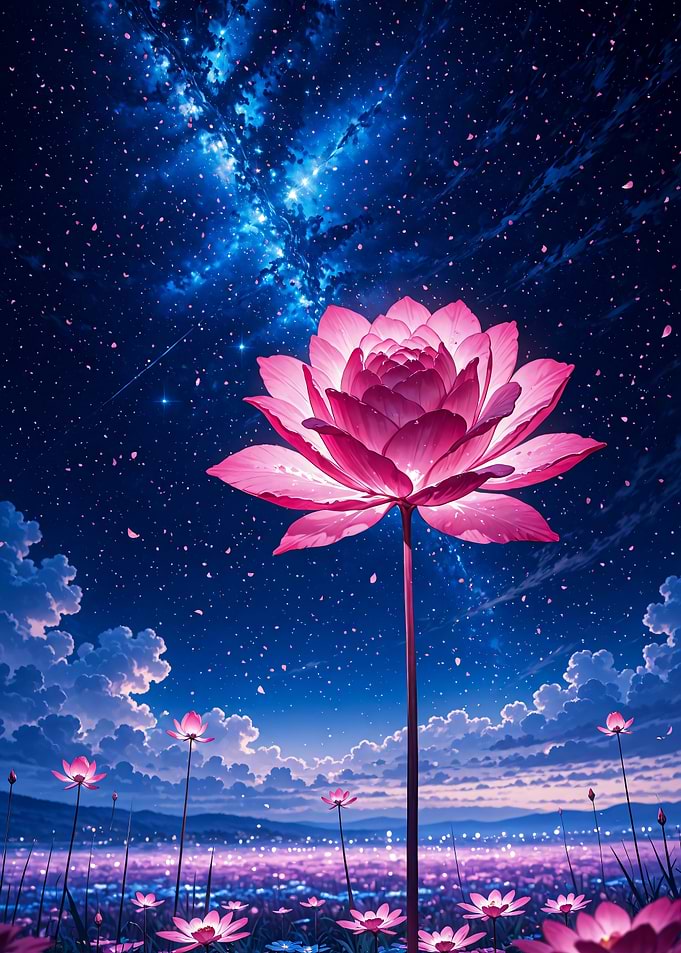 Glowing Lotus Under Starry Night Sky Fantasy Landscape