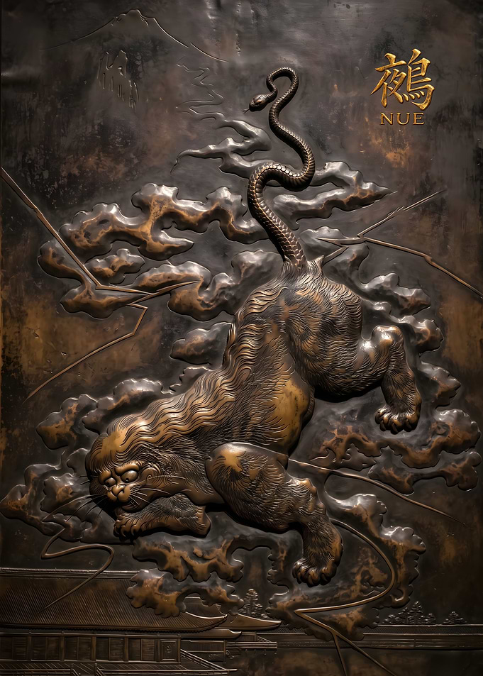 Nue in Storm Clouds Japanese Yokai Relief