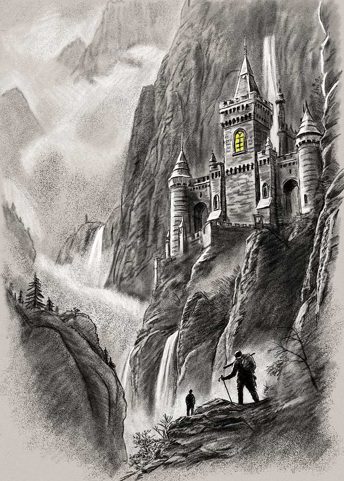 Travelers Approaching a Mountain Castle