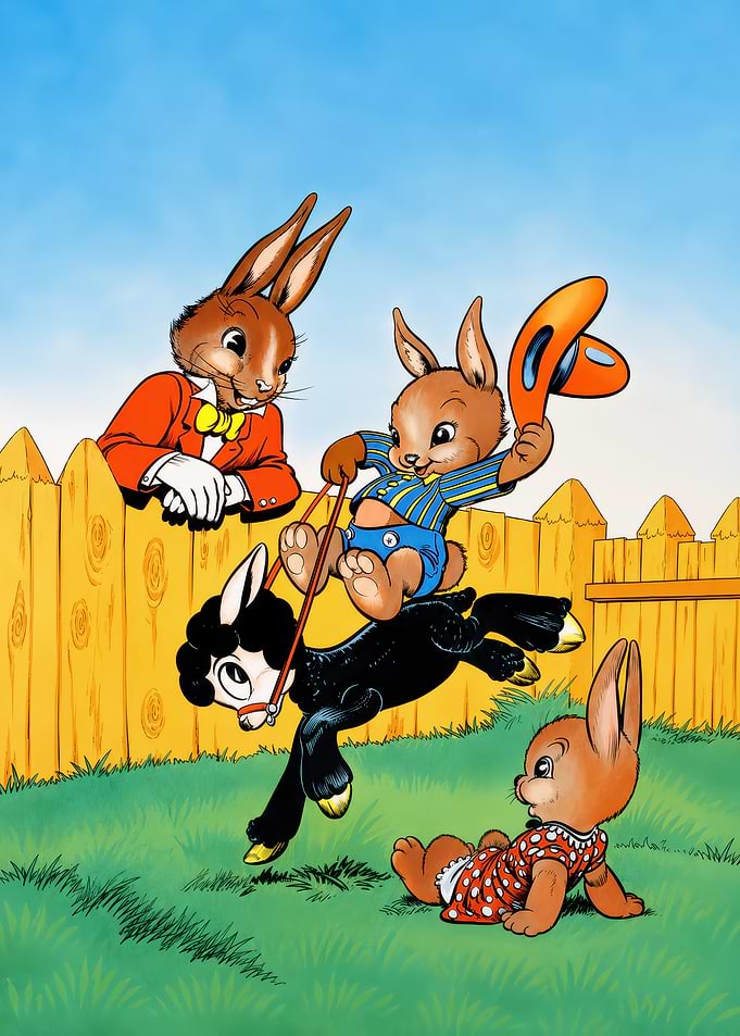 Vintage Cartoon Rabbits Playing