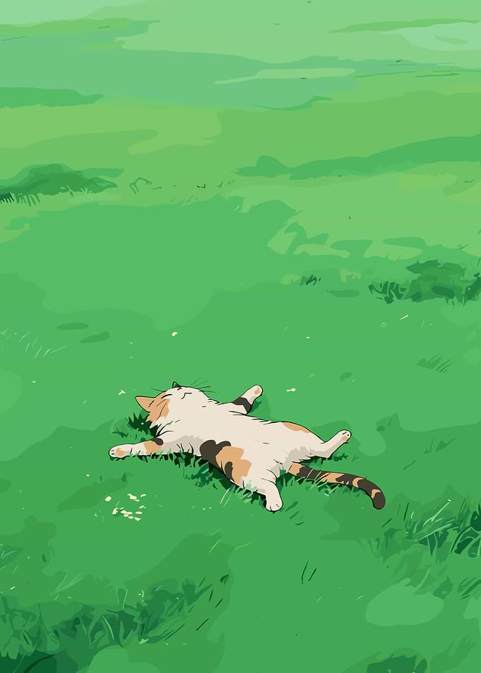 Calico cat sleeping on green grass