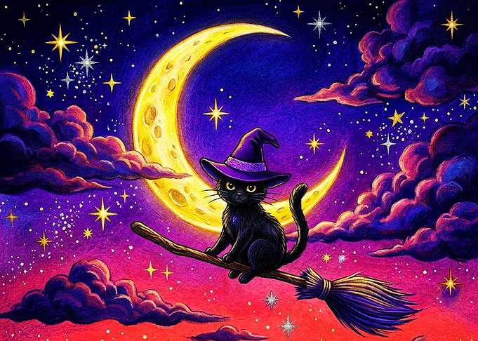Black Cat Witch Flying on Broom